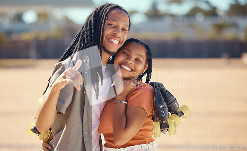 Image of Roller skater, love and happy couple in summer enjoy living a healthy, wellness active lifestyle together. Smile, girl and gen z boy bonding outdoors for fun a skating activity on a weekend trip