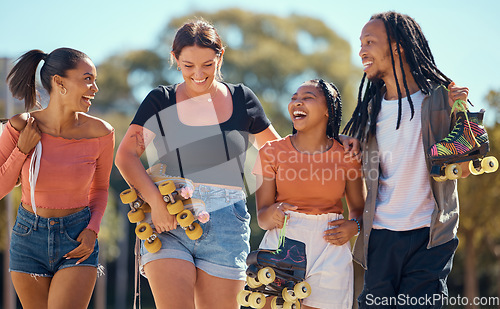 Image of Young friends smile, to go skate in summer sunshine and have fun together as group, at outdoor sport park or rink. Diversity under the sun, happy people with roller skates laughing at joke.