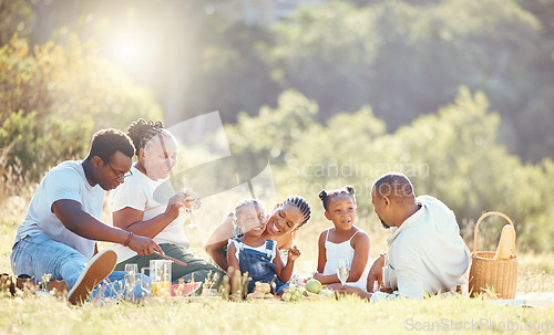 Image of Black family, nature picnic and bond with children, parents and grandparents in remote countryside field in summer. Mother, father or senior with girls eating food on park grass with background trees