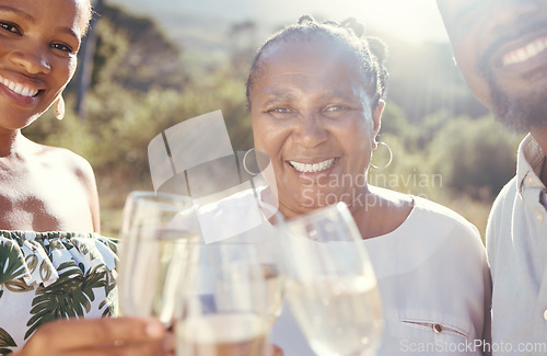 Image of Black family with a glass of wine in nature giving a toast to celebrate in the countryside. Portrait of happy African people drinking luxury champagne at a party event on a sustainable farm together.