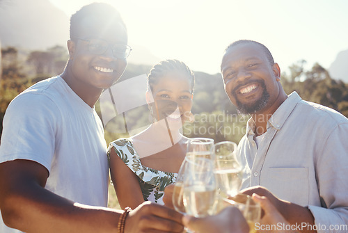 Image of Wine glasses, champagne and friends portrait in a park, vineyard or green nature celebration for summer vacation. Happy, friendship and alcohol with black people and woman smile, drink and lens flare