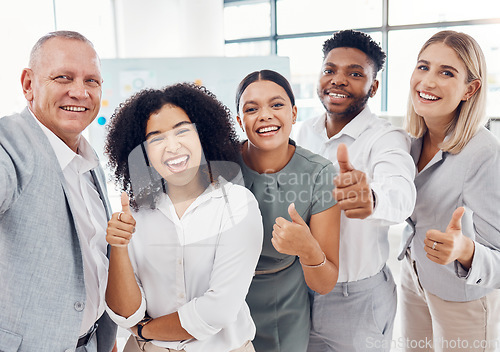 Image of Happy business people or team with thumbs up at office for success, diversity and solidarity at company office. Global or international startup group, corporate staff or management in unity and trust