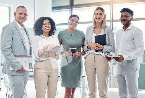 Image of Business corporate teamwork portrait, happy agency and successful collaboration, smile and motivation company staff in modern office. Diversity people, proud professionals vision and unity together