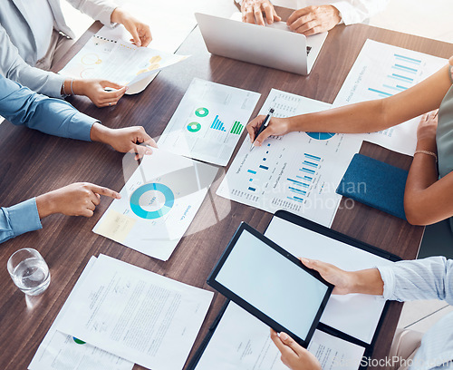 Image of Business table, analytics documents and meeting in boardroom for corporate office collaboration. Professional data, report and management of project together with teamwork in conference.