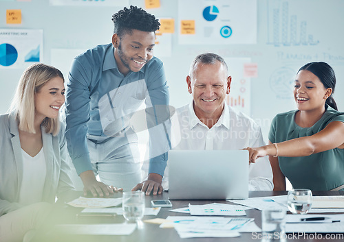 Image of Vision, goals and business people reading laptop, happy and excited about email or feedback in an office. Corporate employee team discussing design and creative idea, sharing strategy and planning