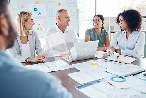 Image of Digital planning, strategy and finance business people meeting on financial update, company analytics report and project management. CEO or manager talking of paperwork or website marketing growth