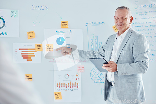 Image of Finance, accounting and presentation businessman, accountant or speaker with analytics data chart, financial report or update meeting. CEO, manager or boss presenter on company sales proposal review