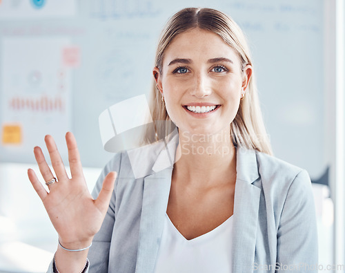 Image of Hello portrait of a business woman in office for planning, brainstorming or project management with trust, motivation and goal mindset. Smile, waving and friendly corporate worker in video call POV