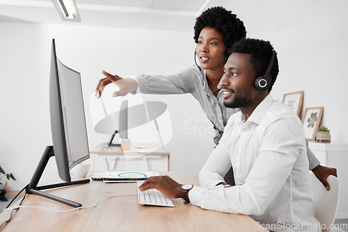 Image of Call center, agency and mentor in customer service and telemarketing business at the office. Black people in consulting, desk and contact us support in teamwork, employee advice and help at work