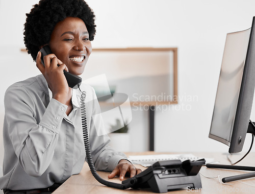 Image of Black woman secretary on business telephone call working and in communication calling clients. African lady or girl receptionist speaking with office management person on corporate company call