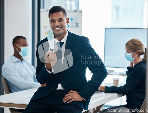 Image of Businessman with covid face mask at end of pandemic, happy with compliance and regulations at work office and in a meeting. Portrait of manager in suit with smile with team and teamwork at company