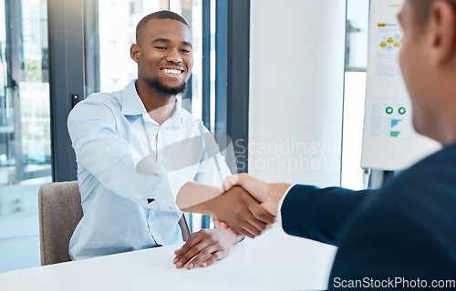 Image of Hiring, interview and b2b handshake by business men planning and discussing career goals in a corporate office. Partner collaboration or integration deal, happy employee excited about job opportunity