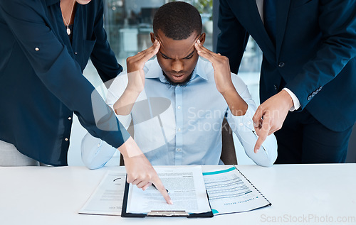 Image of Stress, overload and headache with businessman and burnout, overworked and pressure at corporate company. Frustrated, anxiety and mental health with black man overwhelmed with too much work