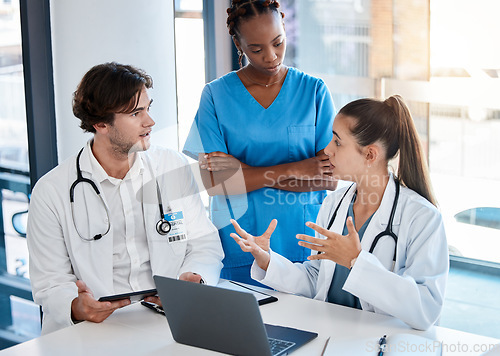 Image of Medical teamwork, hospital meeting and healthcare collaboration with doctor, nurse and surgeon planning surgery, patient analysis and medicine. Expert clinic workers consulting test research results