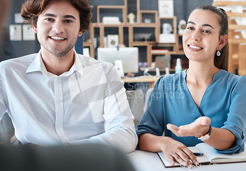 Image of Communication, customer and team doing a business pitch for b2b deal, partnership or vision goal at meeting. Teamwork, man and woman in conversation for sales of company stocks, investment or product