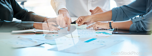 Image of Business teamwork hands, paperwork graphs and planning annual report data, research and office budget. Company discussion with documents in strategy meeting, analytics progress and financial stats
