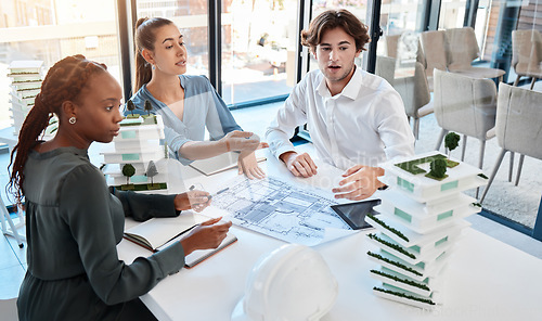 Image of Architect team, collaboration and planning in meeting discussion for architecture design plan or 3D model at the office. Diverse business people talking in teamwork strategy for building prototype