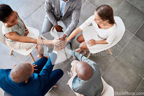 Image of Hands, teamwork and business people with trust, support and mindset mission for company goal in office. Business meeting, strategy and growth with startup company employee in collaboration.