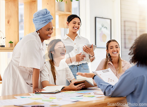 Image of Happy workers, digital marketing and women empowerment during creative business meeting for planning, collaboration and innovation in group or team. Teamwork, strategy and ideas with documents