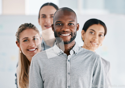 Image of Black man leader, teamwork portrait and collaboration, company vision and happy staff. Business people group, diversity workers and smile professional standing in unity, motivation and leader support