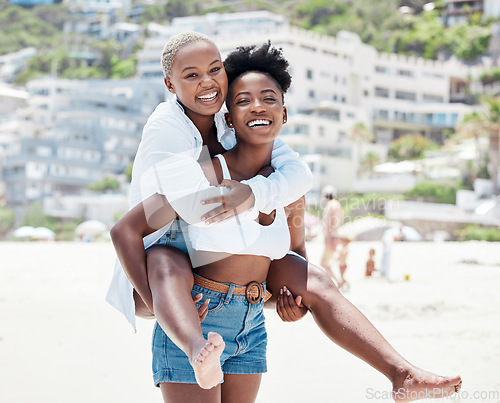 Image of Gay, lesbian and beach with a woman lgbt couple bonding together outside during summer. Romance, dating and love with a female and her girlfriend on holiday, vacation or honeymoon by the coast