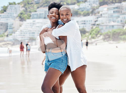 Image of Portrait of happy friends on beach travel vacation, holiday or spring break to tropical island paradise. Black women on a girls trip to the sea or ocean for summer, sun and relax at water seaside