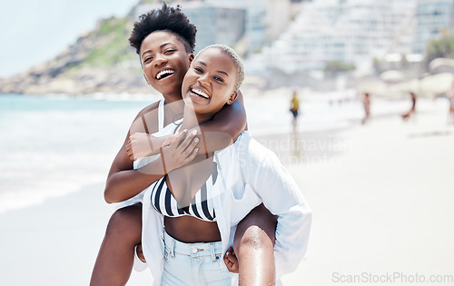 Image of Beach, black woman and fun friends carrying by sea, ocean water or nature background on summer break in Miami, Florida. Portrait of smile, happy women and comic people in freedom and bikini on travel