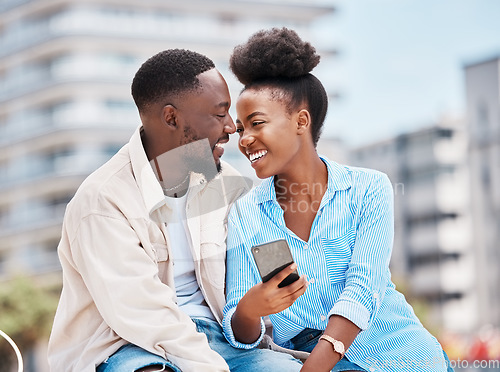 Image of Black couple, love and happy on date, summer vacation holiday posting on social media or browsing internet. Romance, young man and woman outdoor, looking into each others eyes and smile, caring.