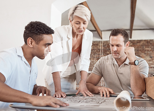 Image of Architect team, blueprint and collaboration in meeting for architecture design, document or plan at the office. Business people in teamwork, strategy and project paper planning for architectural work