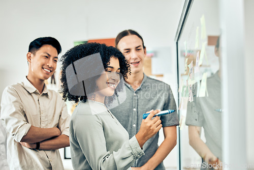 Image of Diversity, teamwork and brainstorming, a team of startup employees with sticky notes in an office. Happy young black woman writing on a white board with idea from businessmen at workshop or meeting