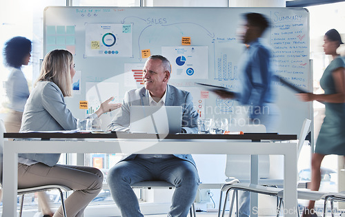 Image of Team, workers or employee busy collaboration and planning a business growth strategy together in an office. Happy corporate professional working on a project proposal at a startup marketing workplace