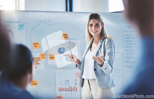 Image of Sales woman, marketing and finance presentation on whiteboard for business meeting, workshop planning and team leadership mentor. Manager speaker talking, training and working on vision strategy idea