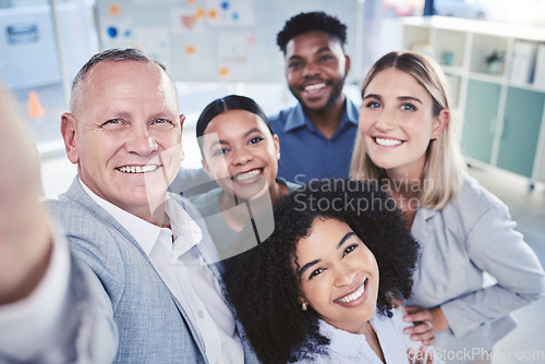 Image of Diversity, selfie and office team friends together in workplace pose for friendly photograph. Unity, happiness and trust of multiracial staff people in corporate business company relationship.