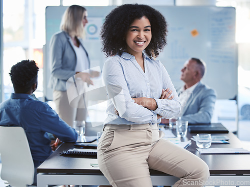 Image of Leadership, business woman empowerment and manager working with vision, success and motivation in company office. Portrait young black person, happy professional entrepreneur and proud smile employee