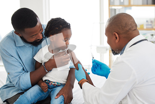 Image of Healthcare, covid vaccine and doctor with kid, patient and father holding baby for shot in hospital. Girl, children and family clinic medical nurse with needle for virus and flu.