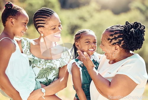 Image of Black family, women or kids with mother or grandmother in nature, park or garden together. Comic, smile or happy bonding people with girls, children or parents in multi generation empowerment support