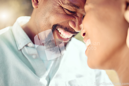 Image of Happy, black people or couple and love with forehead touch in affection in the sunshine. Happiness, a smile and romantic man and woman on summer vacation gazing into each others eyes in intimacy.