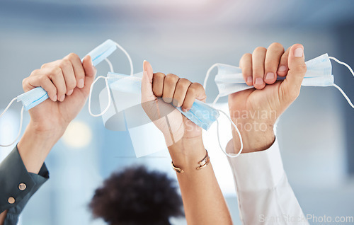 Image of Covid freedom, hands and taking off face mask in success, support and community post lockdown in global virus stop. Zoom on protest diversity, cheering teamwork and office compliance business people