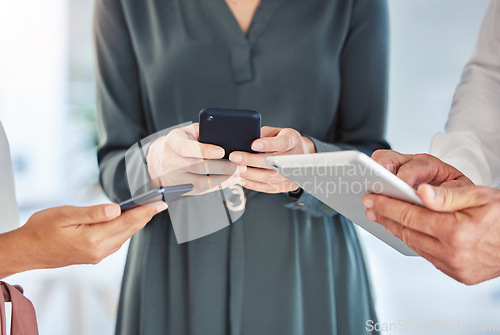 Image of Business hands group, digital phone communication and tablet internet on networking in mobile office. Team, employee collaboration and worker connect 5g cloud on social media website online wifi tech