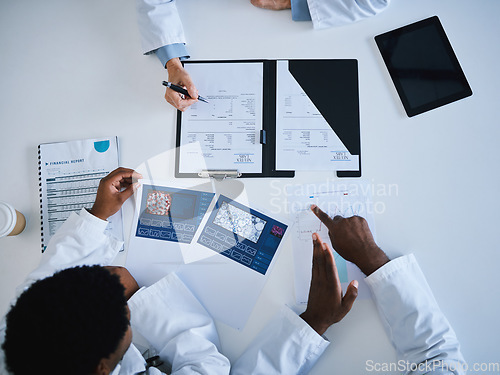 Image of Doctor, research paper and finance planning in meeting, collaboration or teamwork strategy with science cure paper. Top view, hands or healthcare data for medical workers searching insurance funding