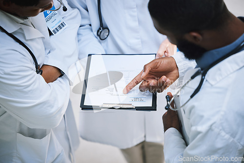 Image of Results, clipboard and hand of doctor team with patient lab test, information or medical study innovation research. Medicine worker consulting healthcare employee in work, clinic or hospital meeting