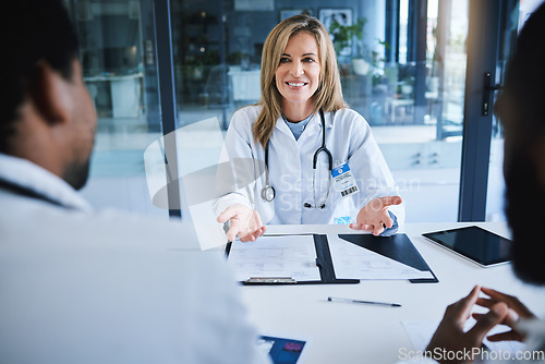 Image of Consulting, trust and doctor meeting with medical healthcare colleagues in conference room hospital or clinic. Trust, consultant and first aid with teamwork, medicine and research results discussion