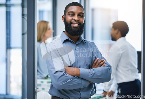 Image of Confident and leadership portrait of a businessman in office meeting with vision for success, business recruitment and company growth. Smile of black man, manager or boss in a professional workplace