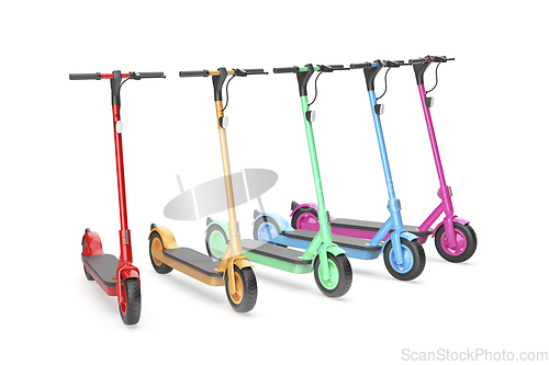 Image of Row with five electric scooters with different colors