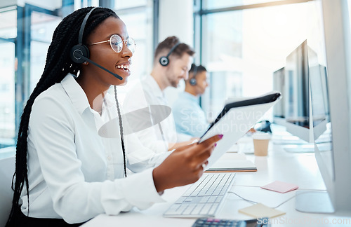 Image of Contact us, customer support and happy call center consultant working in office, smiling while helping clients. Young professional female enjoying provide good online or virtual service and advice