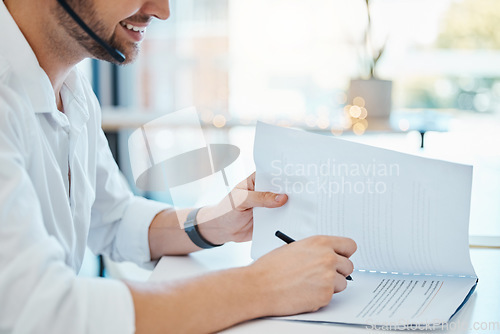 Image of Telemarketing, sales or customer service worker talking on a headset with insurance paperwork and document. Happy consultant or call center agent consulting help and working in a crm support office