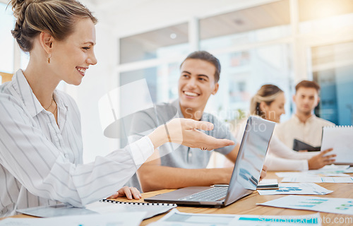Image of Marketing, smile with business people working on laptop in advertising, strategy or review planning collaboration. Finance, budget and consulting with woman manager and team of office employees