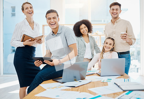 Image of Project management, digital marketing and collaboration team or business people with laptop, notebook and paperwork. Diversity in office with happy workers for about us or social media agency company