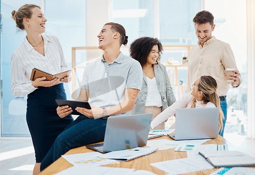 Image of Funny business people, laughing group of designers and cheerful creative office team making jokes together in startup agency. Collaboration, diversity and success of smile, comedy and happy employees