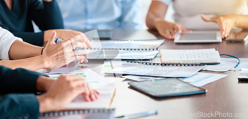 Image of Meeting documents, seminar and hands at table for team working on planning for proposal strategy. Collaboration, teamwork and project management logistics of business people in corporate office.